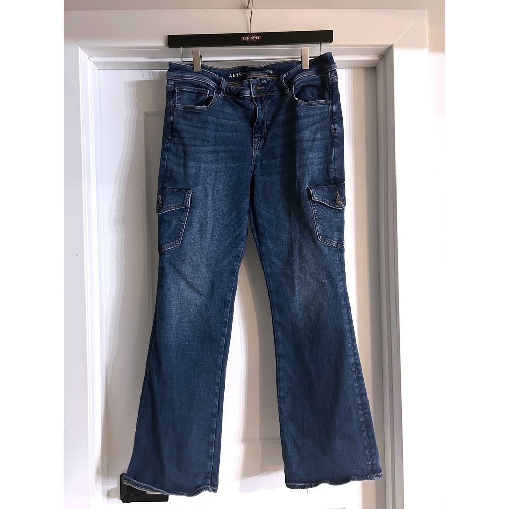 American Eagle Womens Size 14 Dark Wash Stretch Cargo Flare Kick Bootcut Jeans